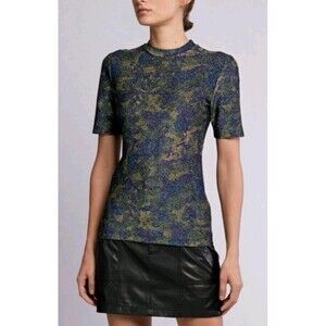 GANNI Lurex Jersey Tee Size 40 Metallic Camo Kalamata Green Fitted Stretchy NWT